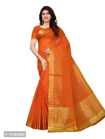 Elegant Orange Cotton Silk Saree with Blouse piece For Women-thumb0