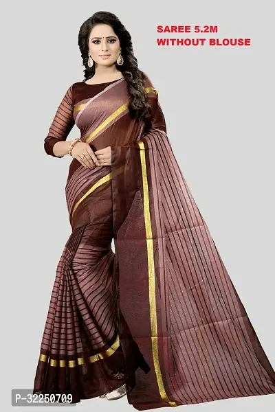 Stylish Coffee Cotton Silk Striped Saree with Blouse piece For Women-thumb0