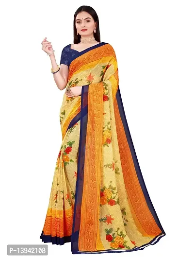 SAADHVI Women's Beige and Navy Blue Georgette Floral Printed Saree With Unstitched Blouse(FL-Georgette87) | Free Size