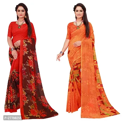 Stylish Georgette Multicoloured Printed Saree With Blouse Piece For Women Pack Of 2