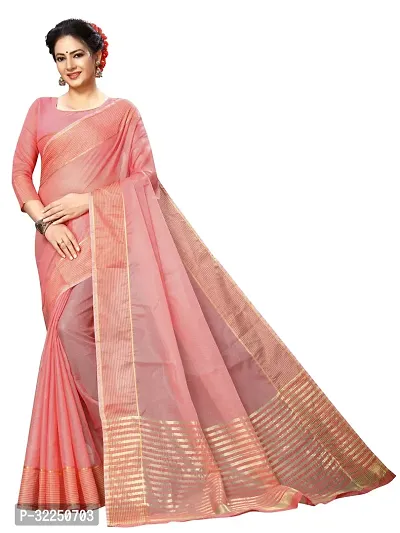 Stylish Peach Cotton Silk Solid Saree with Blouse piece For Women-thumb0