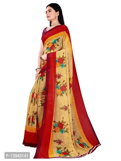 SAADHVI Women's Beige and Red Georgette Floral Printed Saree With Unstitched Blouse(FL-Georgette88) | Free Size-thumb2