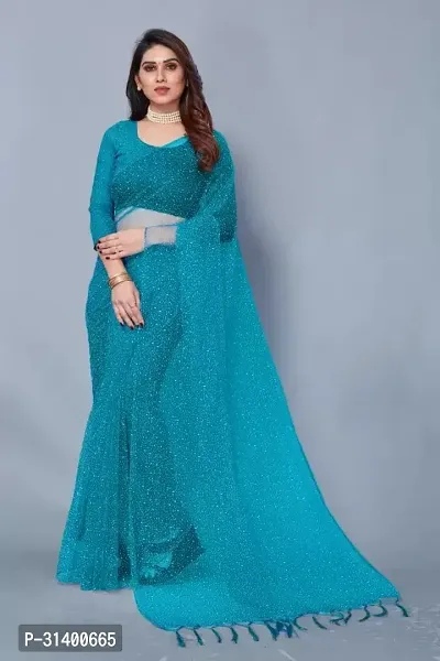 Beautiful Net Turquoise Woven Design  Saree with Blouse piece For Women-thumb0