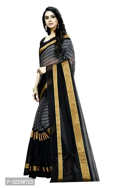 Stylish Black Cotton Silk Striped Saree with Blouse piece For Women-thumb2