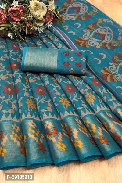 Stylish Turquoise Cotton Silk Saree With Blouse Piece For Women-thumb0