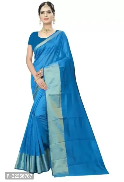 Stylish Turquoise Cotton Silk Solid Saree with Blouse piece For Women-thumb0