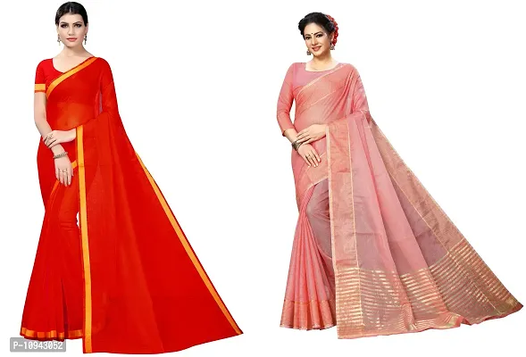 Stylish Cotton Blend Saree With Blouse Piece For Women Pack Of 2