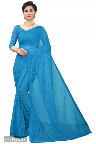 Beautiful Net Sea Green Woven Design  Saree with Blouse piece For Women-thumb0