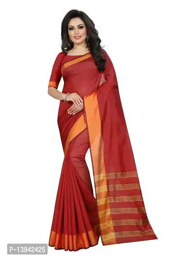 SAADHVI Women's Red Cotton Silk Striped Print Saree(FL-IF-MonicapalluRed,Free Size) | Free Size-thumb0