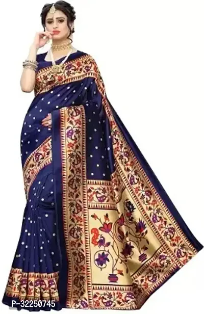 Stylish Navy Blue Cotton Silk Printed Saree with Blouse piece For Women-thumb0