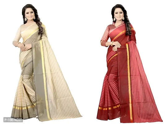 Women Stylish Cotton Silk Striped Saree with Blouse piece-thumb0