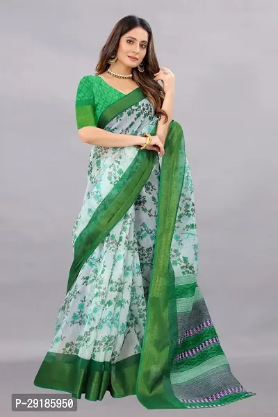 Stylish Green Cotton Silk Saree With Blouse Piece For Women-thumb2