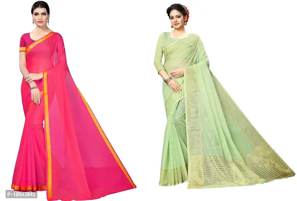 Stylish Cotton Blend Saree With Blouse Piece For Women Pack Of 2-thumb0