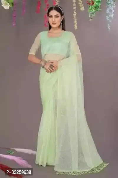 Stylish Green Net Solid Saree with Blouse piece For Women