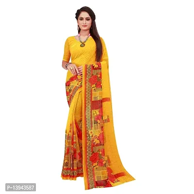 SAADHVI Women's Yellow Georgette Graphic Print Printed Saree With Unstithed Blouse(FL-Georgette14, Free Size) | Free Size