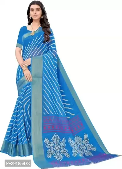 Stylish Blue Cotton Silk Saree With Blouse Piece For Women