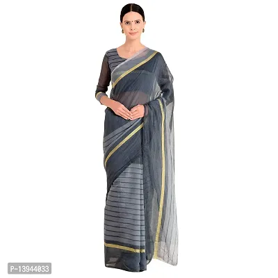 SAADHVI Women's Grey Cotton Silk Striped Work Saree(FL-IF-RustomGrey-GO, Free Size) | Free Size-thumb0