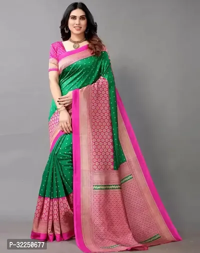 Stylish Green Cotton Silk Printed Saree with Blouse piece For Women-thumb0