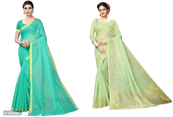 Stylish Cotton Blend Saree With Blouse Piece For Women Pack Of 2