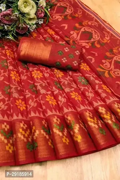 Stylish Red Cotton Silk Saree With Blouse Piece For Women-thumb0