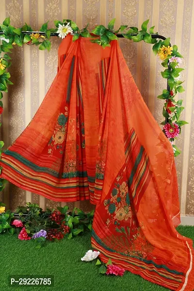 Beautiful Orange Georgette Printed Saree With Blouse Piece For Women-thumb0