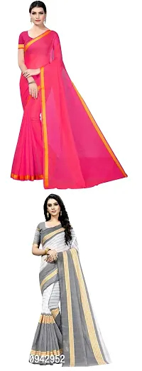 Stylish Cotton Blend Saree With Blouse Piece For Women Pack Of 2-thumb0