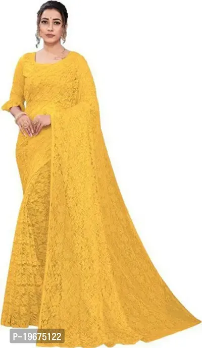 Stylish Yellow Net Saree with Blouse piece For Women-thumb0