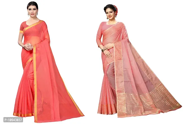 Stylish Cotton Blend Saree With Blouse Piece For Women Pack Of 2