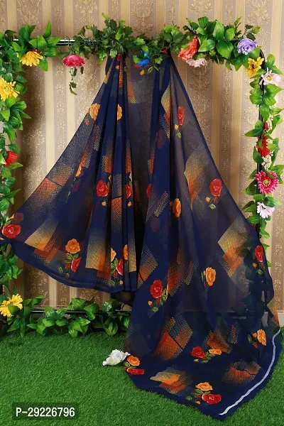 Beautiful Navy Blue Georgette Printed Saree With Blouse Piece For Women