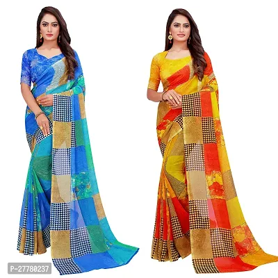 Stylish Georgette Multicoloured Printed Saree With Blouse Piece For Women Pack Of 2-thumb0