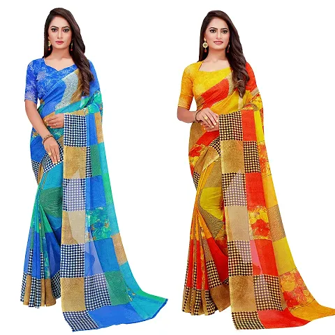 Stylish Fancy Georgette Saree With Blouse Piece Combo For Women Pack Of 2