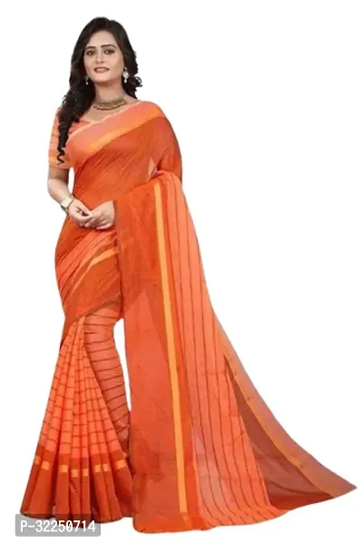 Stylish Orange Cotton Silk Striped Saree with Blouse piece For Women