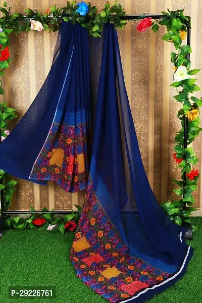 Beautiful Navy Blue Georgette Printed Saree With Blouse Piece For Women