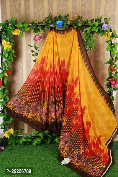 Beautiful Yellow Georgette Printed Saree With Blouse Piece For Women