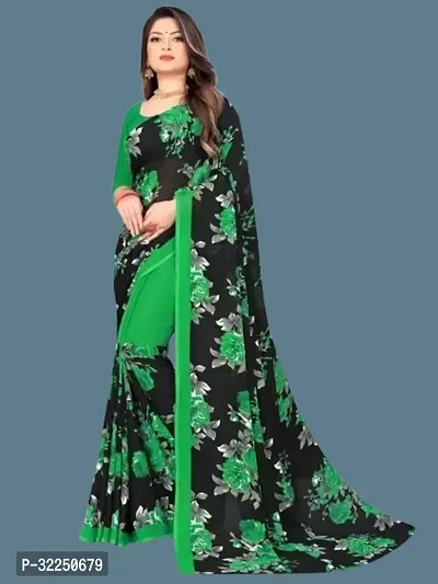 Stylish Green Cotton Silk Printed Saree with Blouse piece For Women-thumb0