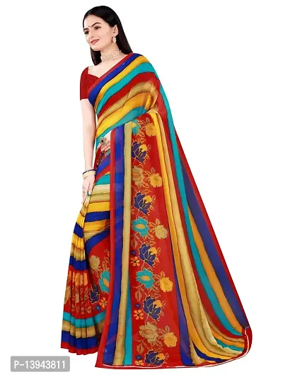 SAADHVI Women's Multi and Red Georgette Striped Printed Saree With Unstitched Blouse(FL-Georgette81) | Free Size-thumb2