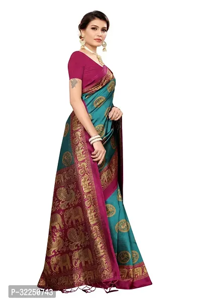 Stylish Turquoise Cotton Silk Printed Saree with Blouse piece For Women-thumb3