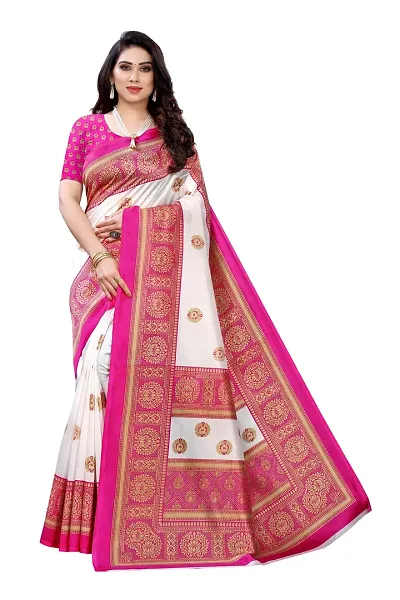 Radhe Fashion Art Silk Gujrati Famous Saree With Blouse Piece (Pink Border)