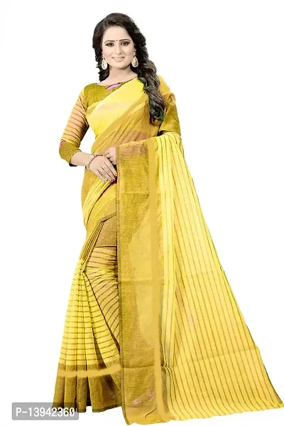 SAADHVI Women's Yellow Cotton Silk Striped Saree(FL-IF-Rustom Yellow,Free Size) | Free Size