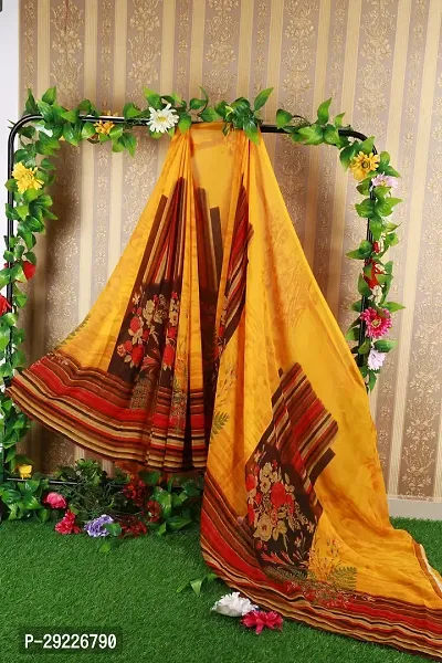 Beautiful Yellow Georgette Printed Saree With Blouse Piece For Women