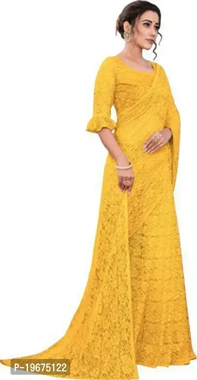 Stylish Yellow Net Saree with Blouse piece For Women-thumb5