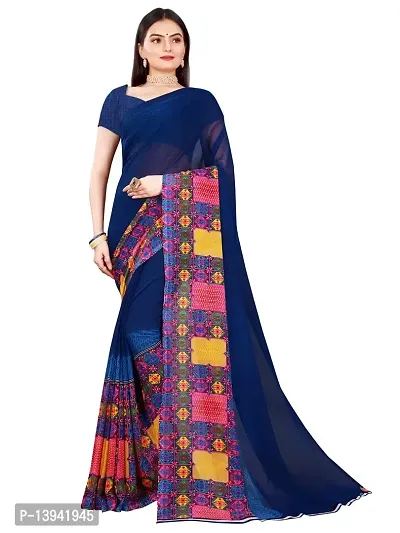 SAADHVI Women's Navy Blue Georgette Ethnic Motif Printed Saree With Unstitched Blouse(FL-Georgette94) | Free Size-thumb0