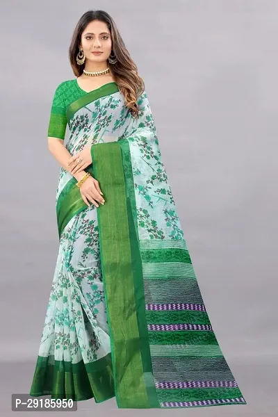 Stylish Green Cotton Silk Saree With Blouse Piece For Women