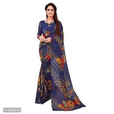 SAADHVI Women's Navy Blue Georgette Floral Print Printed Saree With Unstithed Blouse(FL-Georgette40, Free Size) | Free Size-thumb0