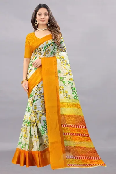 Cotton Silk Floral Printed Zari Border Sarees With Blouse Piece