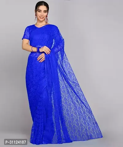 Beautiful Net Blue Woven Design  Saree with Blouse piece For Women-thumb0