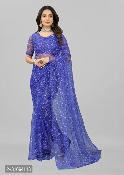 Elegant Blue Net Saree with Blouse piece For Women-thumb0