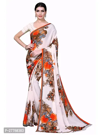 Stylish Georgette Orange Printed Saree With Blouse Piece For Women