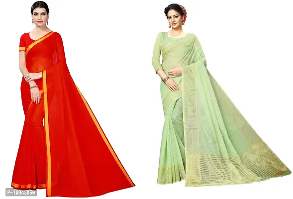 Stylish Cotton Blend Saree With Blouse Piece For Women Pack Of 2-thumb0