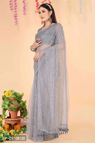 Stylish Grey Net Saree with Blouse piece For Women-thumb3